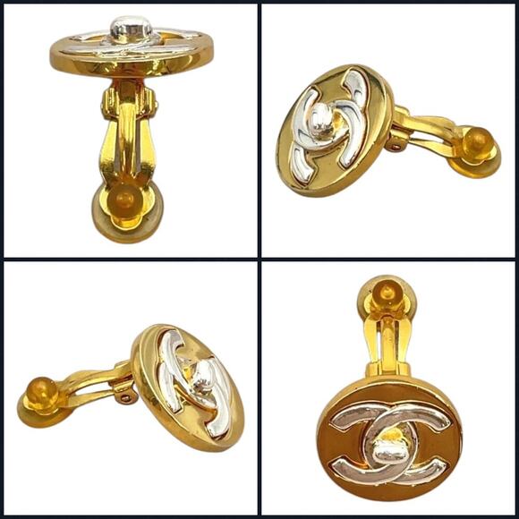 Chanel Vintage Bicolor Turn Lock Coco Earrings Gold Silver W/Box - Picture 6 of 16